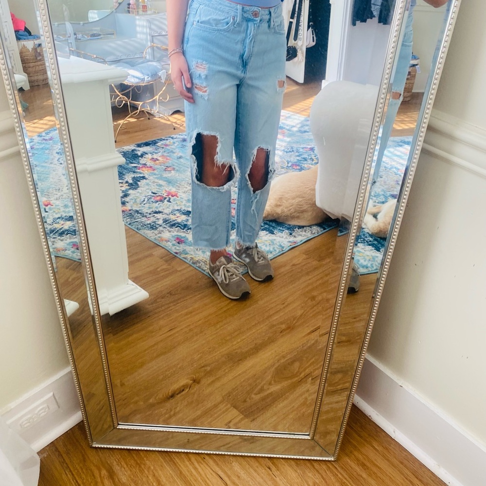 Trendy Distressed Women's Boyfriend Jeans in Light Blue